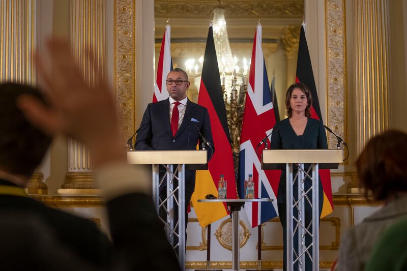 Mr Cleverly and German Foreign Minister Annalena Baerbock attend a press conference after their first UK-Germany Strategic Dialogue meeting in London in January. Getty Images