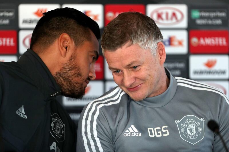 Manchester United goalkeeper Sergio Romero (left) and manager Ole Gunnar Solskjaer during the press conference at the AON Training Complex, Manchester.