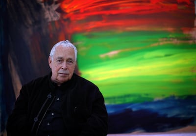 OXFORD, ENGLAND - JUNE 17:  Howard Hodgkin poses next to a detail of his painting 'Where The Deer And The Antelope Play 2001-2007' at Modern Art Oxford which is staging his latest major exhibition on June 17, 2010 in Oxford, England. Modern Art Oxford will present a major exhibition of paintings by Howard Hodgkin from 23 June to 5 September 2010. Comprising over twenty works, Howard Hodgkin: Time and Place spans the last ten years of Hodgkin?s career and will include paintings not previously seen by a broader public.  (Photo by Christopher Furlong/Getty Images)