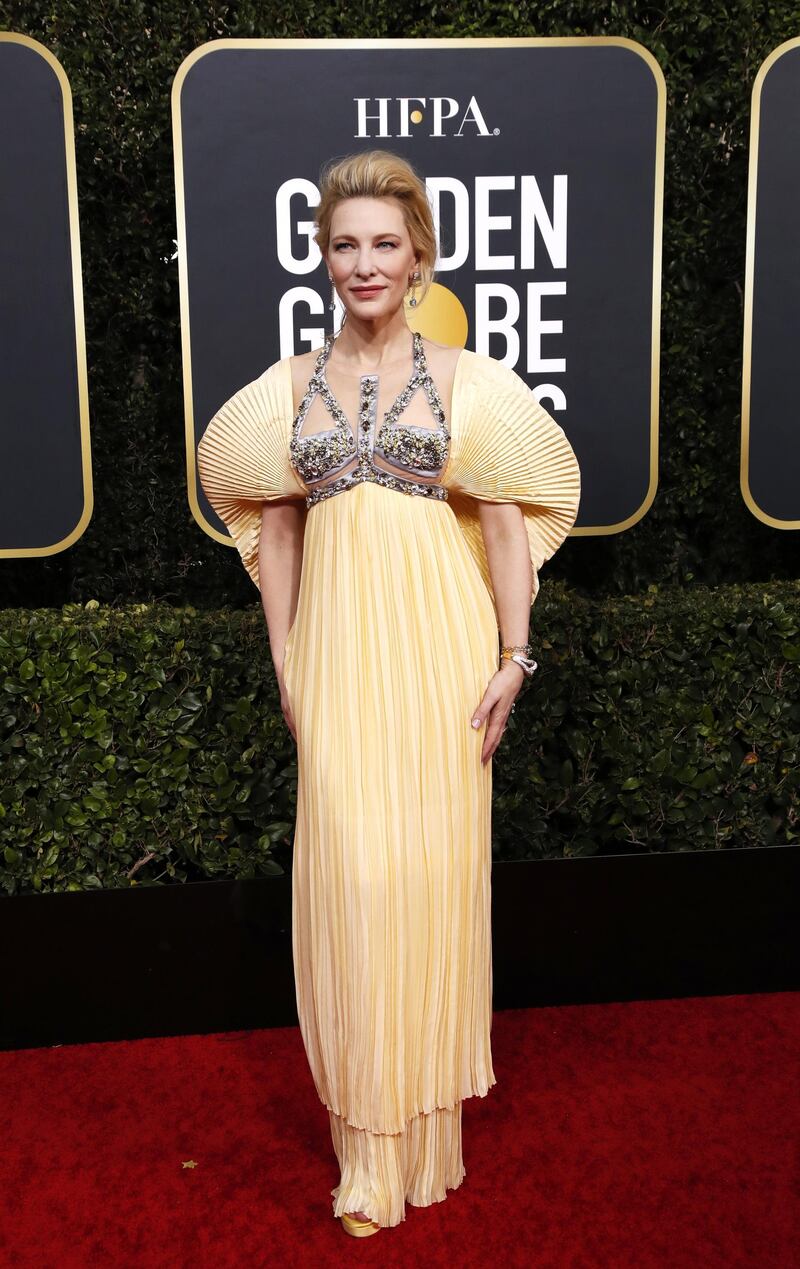 epa08105995 Cate Blanchett arrives for the 77th annual Golden Globe Awards ceremony at the Beverly Hilton Hotel, in Beverly Hills, California, USA, 05 January 2020. Dress by Mary Katrantzou. EPA-EFE/NINA PROMMER