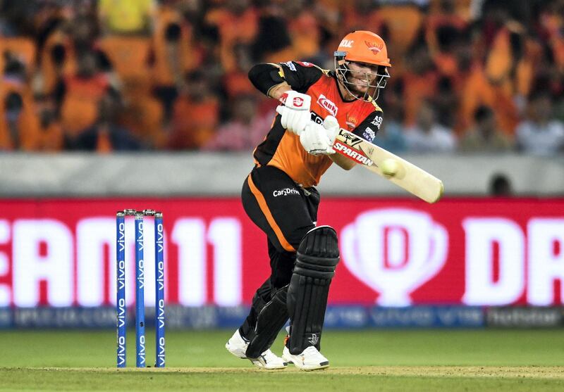 Sunrisers Hyderabad cricketers David Warner plays a shot during the 2019 Indian Premier League (IPL) Twenty20 cricket match between Sunrisers Hyderabad and Kings XI Punjab at the Rajiv Gandhi International Cricket Stadium in Hyderabad on April 29, 2019. (Photo by NOAH SEELAM / AFP) / ----IMAGE RESTRICTED TO EDITORIAL USE - STRICTLY NO COMMERCIAL USE-----