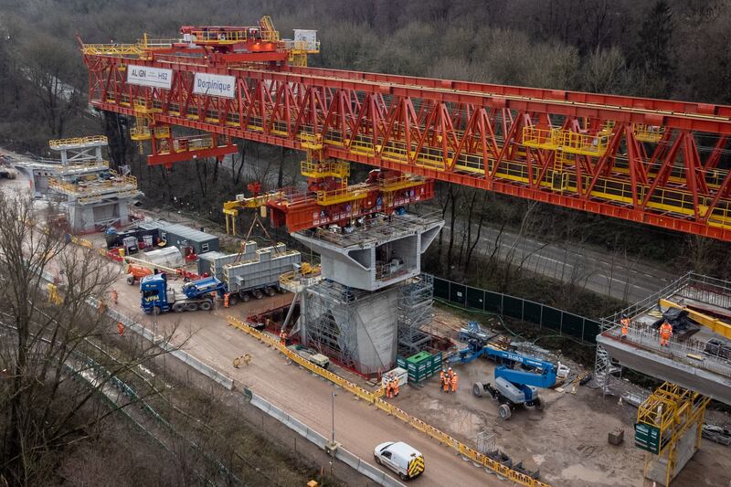 Construction of the Colne Valley Viaduct which will stretch for 3.4 km and carry high-speed trains around 10 metres above a series of lakes and waterways outside northwest London. Photo: PA