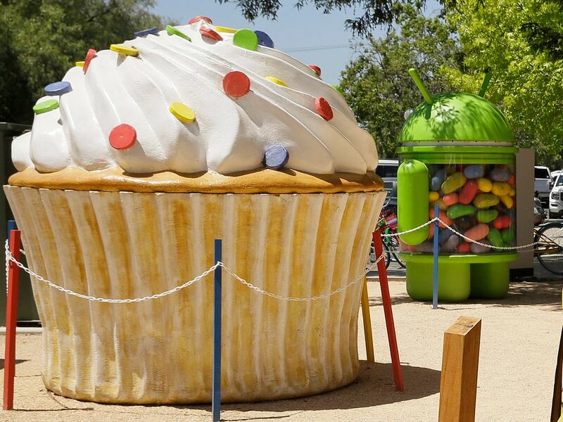 A statue depicting the Cupcake and Jelly Bean versions of the Android mobile operating system at Google's offices in California in 2009. AP