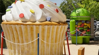 A statue depicting the Cupcake and Jelly Bean versions of the Android mobile operating system at Google's offices in California in 2009. AP