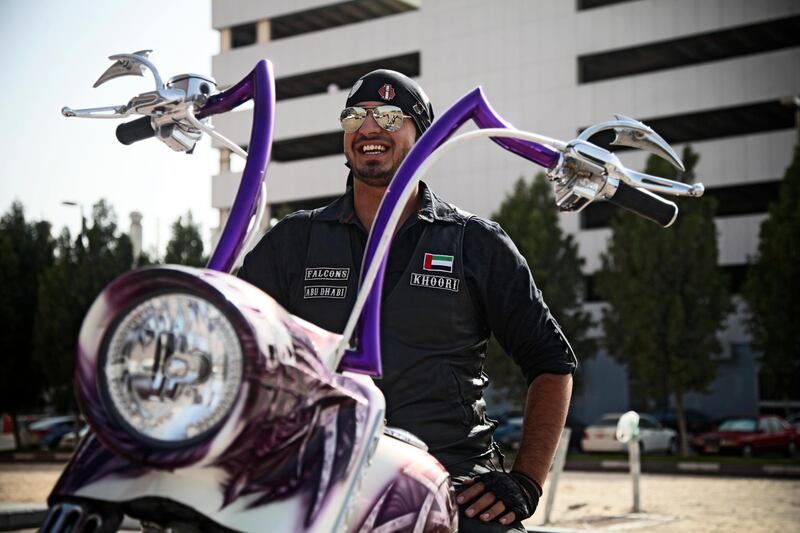 April 16, 2013, Mussafah Industrial Complex, Abu Dhabi, UAE:
Custom made motorcycles are becoming more of a regular site in Abu Dhabi. 2 members of the Abu Dhabi Falcons, a local riding group, caught up with The National to show off their choppers.

Seen here is Ismaeil Abbas Al Khoori on his motorcycle. 



Lee Hoagland/The National