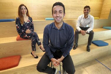 The Sarwa team: Nadine Mezher, Mark Chahwan, founder and chief executive and Danny Jabbour. The company is a fintech start-up focused on low-cost wealth management. Chris Whiteoak / The National