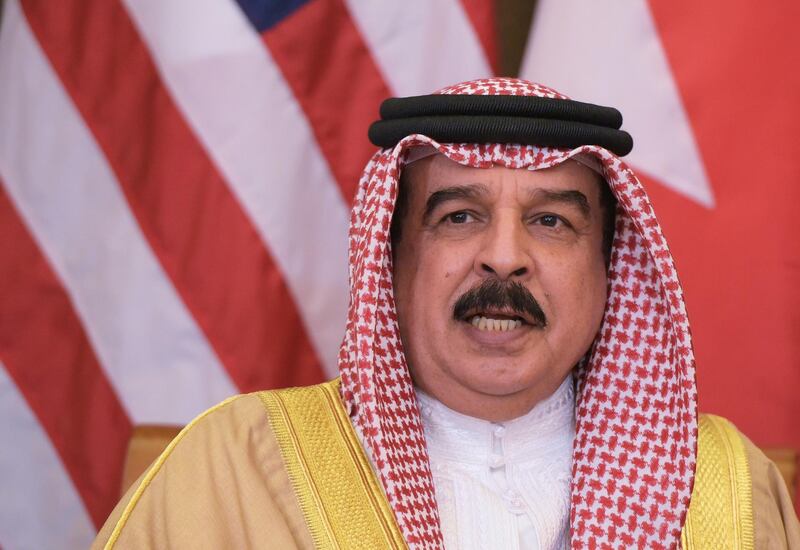 (FILES) In this file photo taken on May 21, 2017 Bahrain's King Hamad bin Isa Al Khalifa takes part in a bilateral meeting with US President Donald Trump at a hotel in Riyadh. As Bahrainis head to the polls on November 24, 2018, the validity of this year's parliamentary elections has been brought into question after members of the dissolved opposition were banned from running. / AFP / Mandel NGAN
