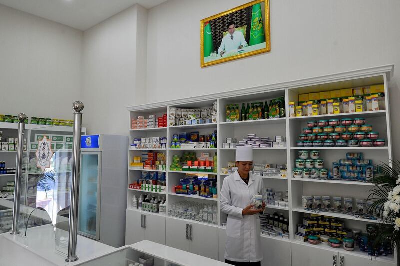 A view of a pharmacy in Ashgabat on April 8, 2020. Isolated Turkmenistan, which held mass aerobic exercises and a cycling event with coordinated tracksuits this week, is one of only a handful of countries to have reported no coronavirus cases. But like its authoritarian cousin North Korea, experts doubt the country can be immune to the pandemic and worry the ex-Soviet republic may not be telling the full story. / AFP / Igor SASIN
