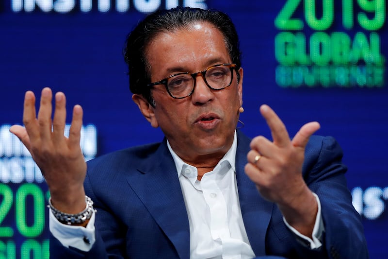 FILE PHOTO: Rajeev Misra CEO, SoftBank Investment Advisers speaks during the Milken Institute's 22nd annual Global Conference in Beverly Hills, California, U.S., April 29, 2019.  REUTERS/Mike Blake/File Photo