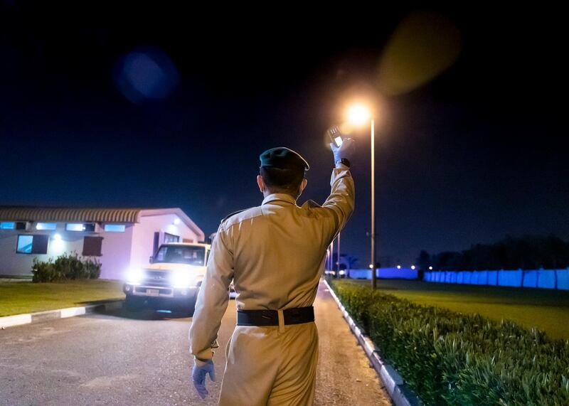 DUBAI, UNITED ARAB EMIRATES. 16 APRIL 2020. 
Dubai Mounted Police officers, in Al Aweer, about to drive to patrol residential and commercial areas to insure residents are staying safe indoors during COVID-19 lockdown. They patrol the streets from 6PM to 6AM.

The officers of the Dubai Mounted Police unit have been playing a multifaceted role in the emirate for over four decades. 

The department was established in 1976 with seven horses, five riders and four horse groomers. Today it has more than 130 Arabian and Anglo-Arabian horses, 75 riders and 45 groomers.

All of the horses are former racehorses who went through a rigorous three-month-training programme before joining the police force. Currently, the department has two stables – one in Al Aweer, that houses at least 100 horses, and the other in Al Qusais, that houses 30 horses.

(Photo: Reem Mohammed/The National)

Reporter:
Section: