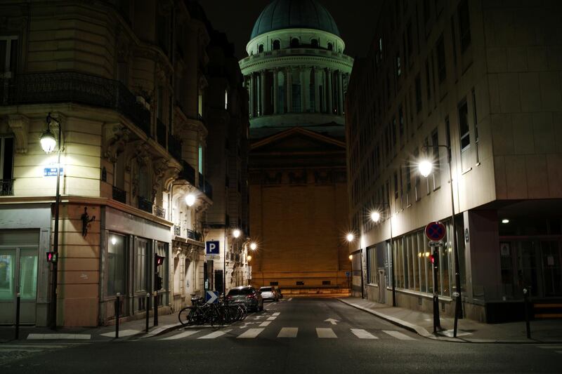 An empty street near the Pantheon square, in Paris on March 21, 2020. French President Emmanuel Macron has said that people are allowed to leave their residences only for necessary activities such as shopping for food, going to work or taking a walk. AP Photo