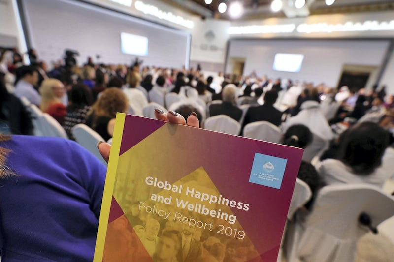 Dubai, United Arab Emirates - February 10, 2019: Launching the Global Happiness and Wellbeing Policy Report during day 1 at the World Government Summit. Sunday the 10th of February 2019 at Madinat, Dubai. Chris Whiteoak / The National
