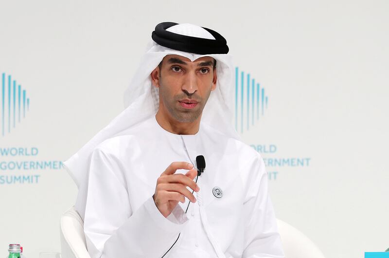 DUBAI , UNITED ARAB EMIRATES , JAN 17 – 2018 :- Dr Thani Bin Ahmed Al Zeyoudi , Minister of Climate Change and Environment speaking during the World Government Summit press conference held at Jumeirah Mina A’Salam hotel in Dubai.  (Pawan Singh / The National) For News. Story by Caline Malek