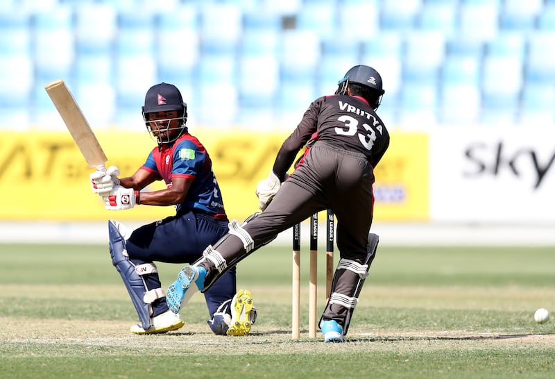 Nepal's Rohit Paudel plays a shot.