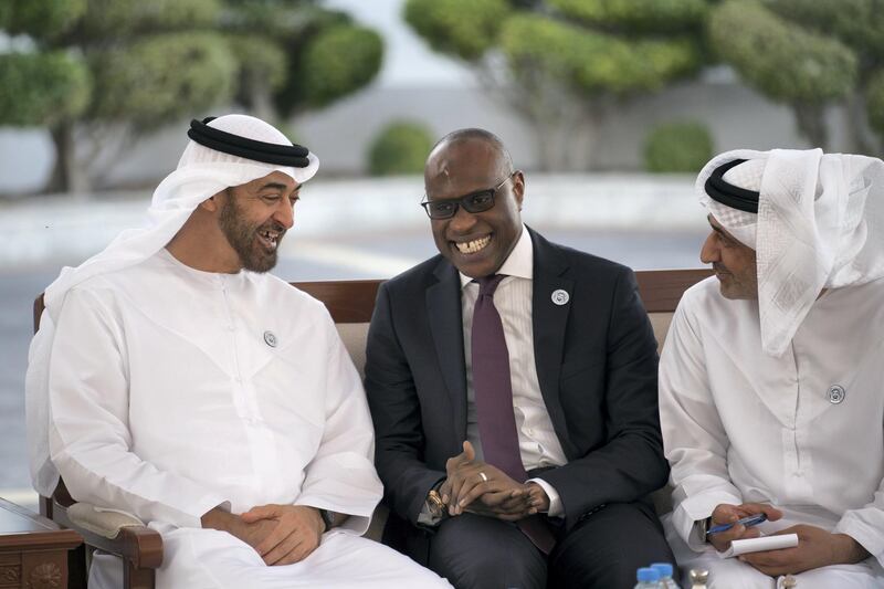 ABU DHABI, UNITED ARAB EMIRATES - November 12, 2018: HH Sheikh Mohamed bin Zayed Al Nahyan Crown Prince of Abu Dhabi Deputy Supreme Commander of the UAE Armed Forces (L), meets with Suleiman Rassin, a Special envoy of the President of Senegal (2nd L), during a Sea Palace barza.
( Hamad Al Kaabi / Ministry of Presidential Affairs )?
---