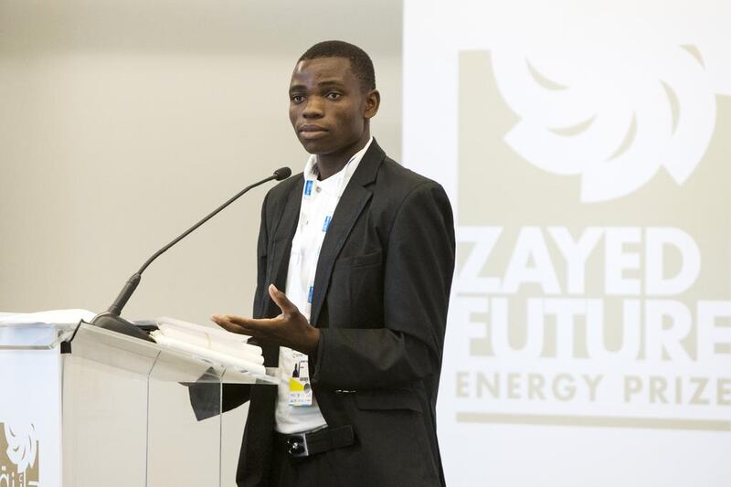 Dikirani Thaulo, a past winner of the Zayed Future Energy Prize, makes an impression with his emotive speech at the World Future Energy Summit in Abu Dhabi. Christopher Pike / The National
