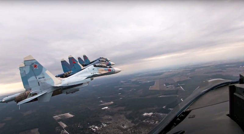 Su-30 fighters of the Russian and Belarusian air forces fly in a joint mission during the Union Courage-2022 Russia-Belarus military drills in Belarus. AP Photo
