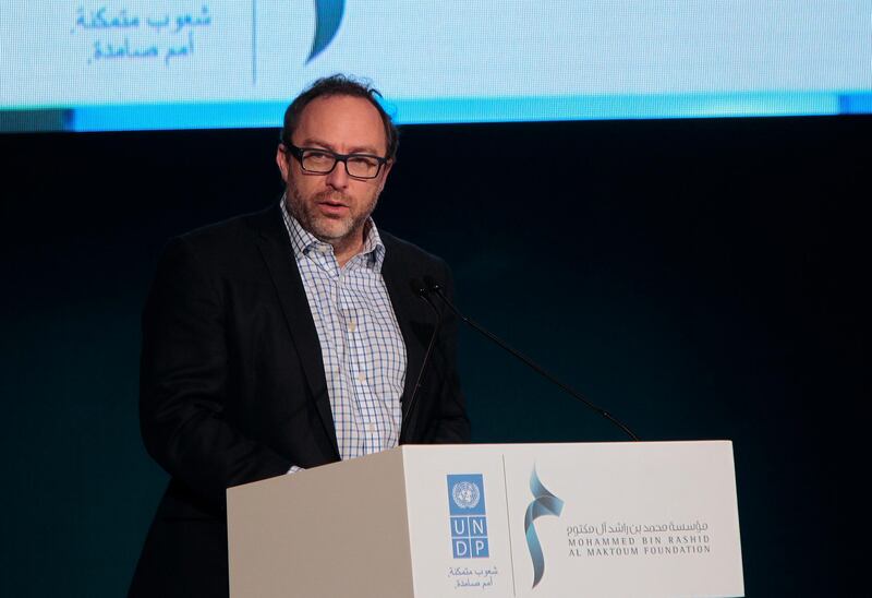 Dubai, United Arab Emirates - December 7, 2014.  Jimmy Wales ( Founder of Wikipedia ) speaking at the Opening Session of The First Knowledge Conference, held at Grand Hyatt Hotel.  ( Jeffrey E Biteng / The National )  Editor's Note; Ramola T reports.