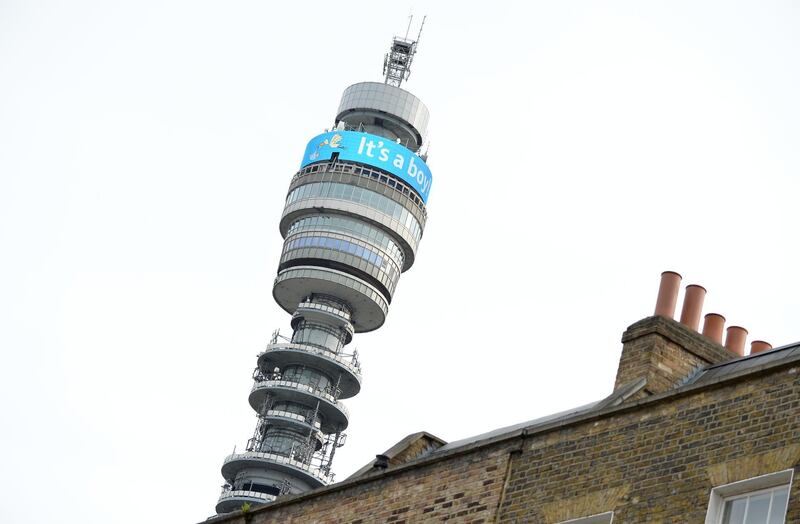 A general view of the BT Tower as it announces the birth of Catherine, Duchess of Cambridge and Prince William, Duke of Cambridge's newborn son on April 23, 2018 in London, England. (Jeff Spicer/Getty Images)