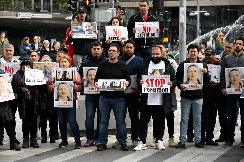 People rally in support of the Swedish-Iranian doctor and researcher Ahmadreza Djalali, in Stockholm. AP