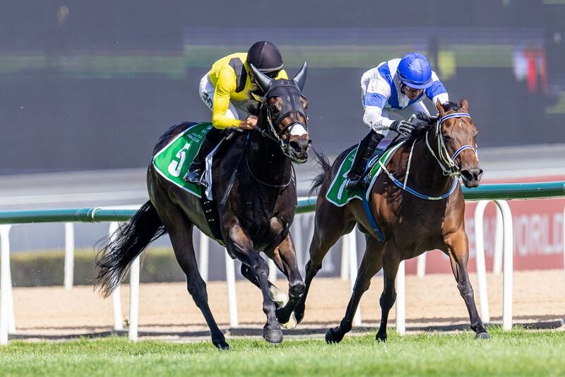 Jean van Overmeire (L) rides the first of his two winners, Torrkee, in the opening race at Meydan on February 12, 2023. Photo: Adiyat Racing Plus