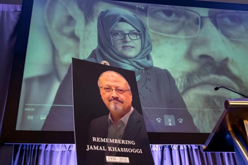 FILE - In this Friday, Nov. 2, 2018 file photo, a video image of Hatice Cengiz, fiancee of slain Saudi journalist Jamal Khashoggi, is played during an event to remember Khashoggi, who was killed inside the Saudi Consulate in Istanbul on Oct. 2, in Washington. Saud Al-Mojeb, Saudi Arabiaâ€™s top prosecutor, is recommending the death penalty for five suspects charged with ordering and carrying out the killing of Saudi writer Jamal Khashoggi. Al-Mojeb told a press conference in Riyadh Thursday, Nov. 15, 2018,  that Khashoggiâ€™s killers had been planning the operation since September 29, three days before he was killed inside the kingdomâ€™s consulate in Istanbul. (AP Photo/J. Scott Applewhite, File)