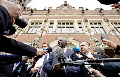 Abubacarr Tambadou, Minister of Justice of The Gambia speaks to the press after the ruling of the International Court of Justice in The Hague, on January 23, 2020 in the lawsuit filed by The Gambia against Myanmar in which Myanmar is accused of genocide against Rohingya Muslims. The UN's top court ordered Myanmar on January 23 to take "all measures within its power" to prevent alleged genocide against Rohingya Muslims. The International Court of Justice granted a series of emergency steps requested by the mainly Muslim African state of The Gambia under the 1948 Genocide Convention.
 - Netherlands OUT
 / AFP / ANP / Robin VAN LONKHUIJSEN
