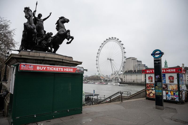 Tourist stalls remain closed on Westminster Bridge in London, England. As the COVID-19 coronavirus pandemic continues to escalate, London's streets have grown quieter as more people are encouraged to work from home and respect "social distancing" in a bid to slow the spread of the virus. Getty Images