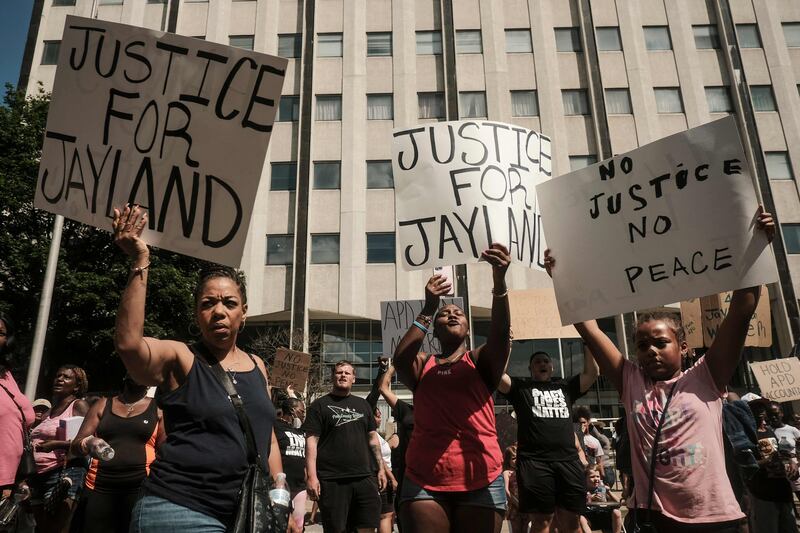Demonstrators gather outside Akron City Hall in Ohio to protest the killing of Jayland Walker, who was shot by police last year. AFP