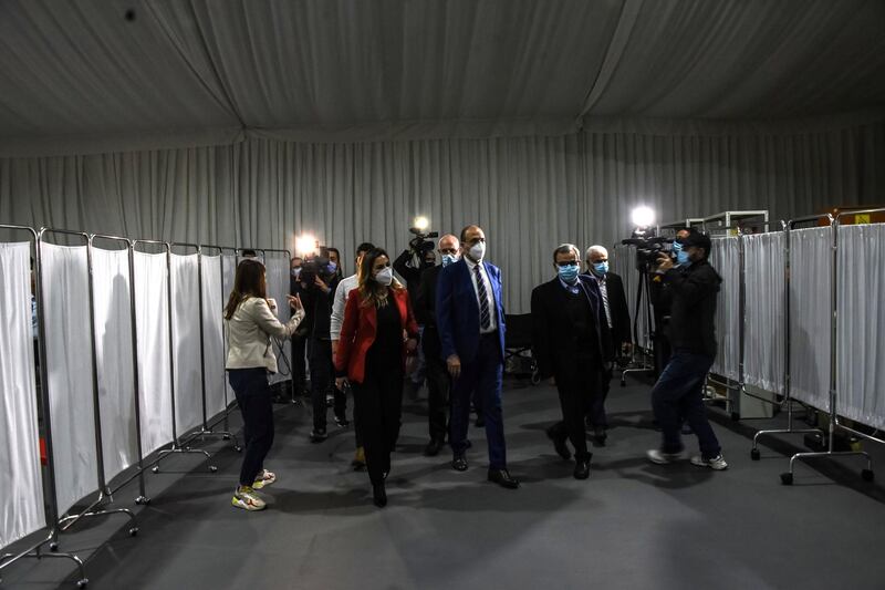 Beirut, Lebanon, 13 February, 2021. Hamad Ali Hasan, Lebanon's Minister for Health visits a new vaccine center at St George's hospital, on the eve of Lebanons Covid-19 vaccine roll-out. Lebanon is preparing to receive its first, Pfizer-Biontech Covid-19 vaccines.