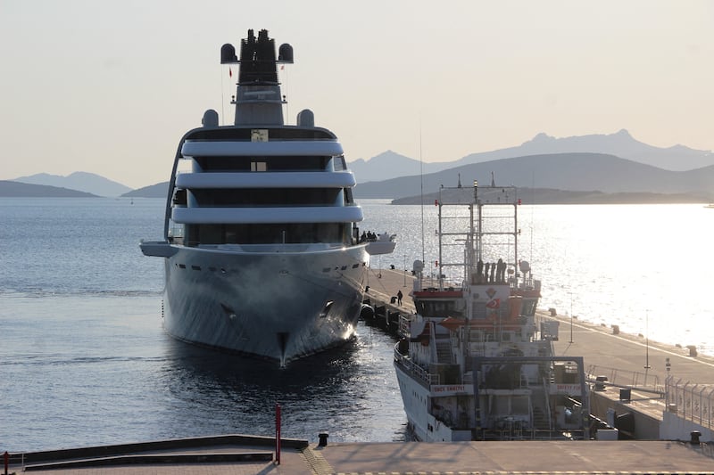 Solaris, a superyacht linked to sanctioned Russian oligarch Roman Abramovich, docks at a marina in Bodrum, in southwest Turkey.  Ihlas News Agency / Reuters 