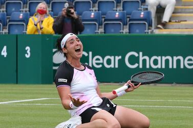 BIRMINGHAM, ENGLAND - JUNE 20: Ons Jabeur of Tunisia celebrates victory against Daria Kasatkina of Russia in the Womens Singles Final during the Viking Classic Birmingham at Edgbaston Priory Club on June 20, 2021 in Birmingham, England. (Photo by Barrington Coombs/Getty Images for LTA)