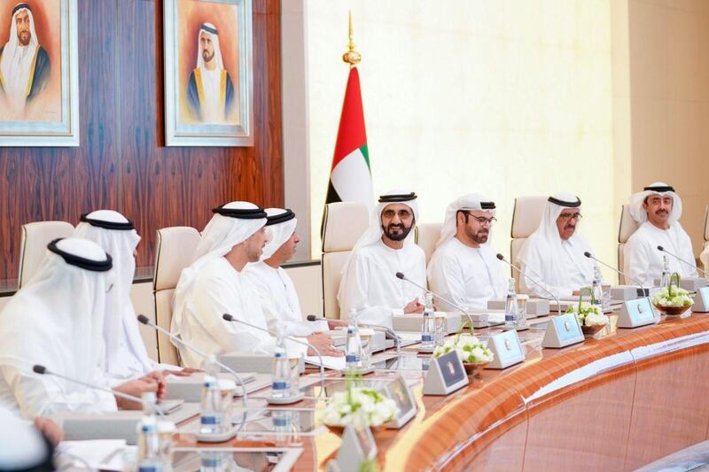 Sheikh Mohammed bin Rashid leads a cabinet meeting for the federal budget for 2020. Sheikh Mohammed/ Twitter