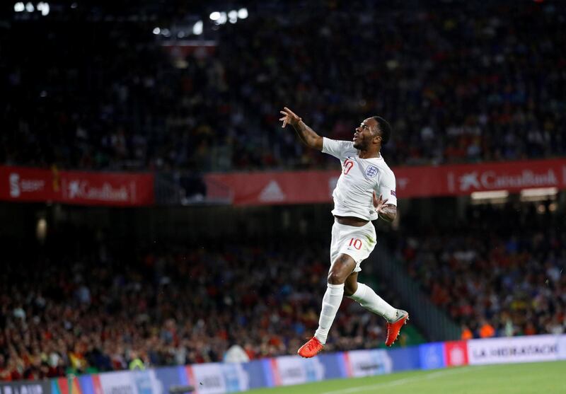 Soccer Football - UEFA Nations League - League A - Group 4 - Spain v England - Estadio Benito Villamarin, Seville, Spain - October 15, 2018  England's Raheem Sterling celebrates scoring their first goal   Action Images via Reuters/Carl Recine     TPX IMAGES OF THE DAY