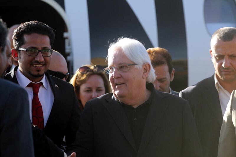 epa07263830 UN Special Envoy for Yemen Martin Griffiths (C) arrives at Sanaâ€™a airport in Sana'a, Yemen, 05 January 2019. According to reports, UN Special Envoy for Yemen Martin Griffiths arrived at the Houthi-held capital Sanaâ€™a to hold a new round of talks with Houthi rebels as a cessation in the port city of Hodeidah continues to hold.  EPA/YAHYA ARHAB