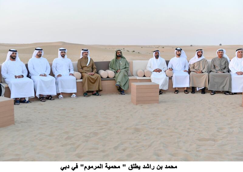 Sheikh Mohammed bin Rashid, Vice President and Ruler of Dubai, launches the Marmoom Desert Conservation Reserve. Pictured with Sheikh Maktoum bin Mohammed, Deputy Ruler of Dubai; Sheikh Ahmed bin Saeed, Chairman of Dubai Civil Aviation Authority and Chief Executive of Emirates Group; Sheikh Mansoor bin Mohammed; Mohammad Al Gergawi, Chairman of the Executive Office of Sheikh Mohammed bin Rashid. Wam
