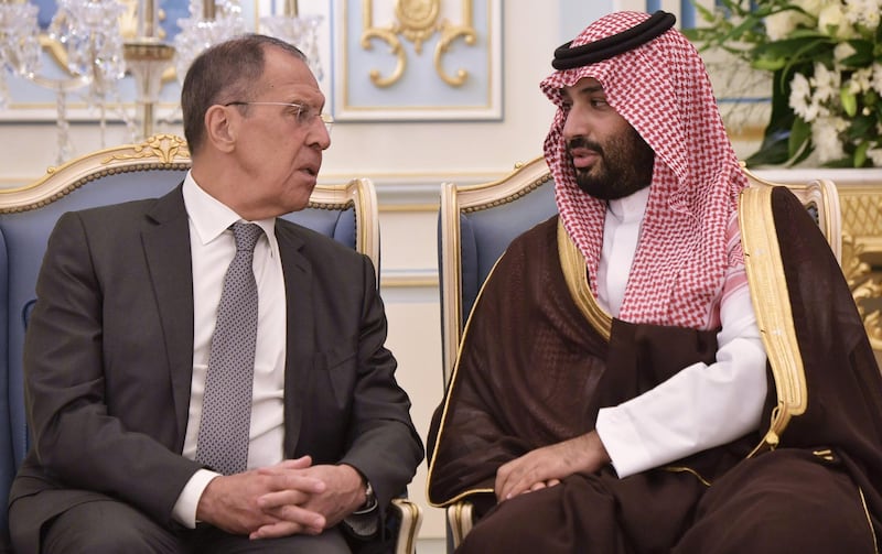 Russian Foreign Minister Sergei Lavrov, left, talks to Prince Mohammed bin Salman at the Saudi Royal palace. EPA