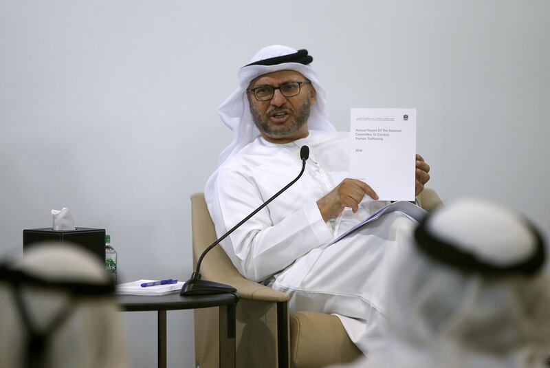 Dr Anwar Gargash, Minister of State for Foreign Affairs, says the UAE, a major transit hub, is on high alert to fight human trafficking. He unveiled a report on the problem on Monday. Ravindranath K / The National 