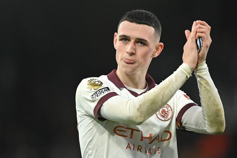 Phil Foden applauds the fans during the Premier League match between Luton Town and Manchester City. EPA