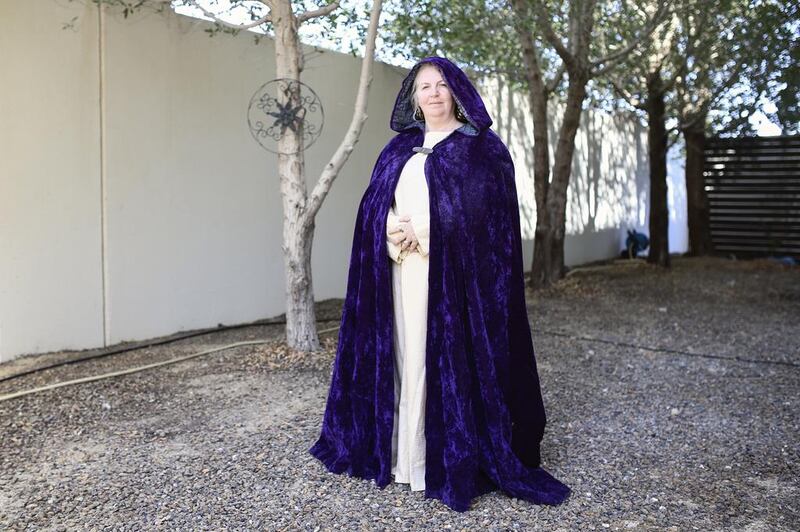 Dawn Donald, a new SCA member, is photographed in a Medieval European outfit in Abu Dhabi.