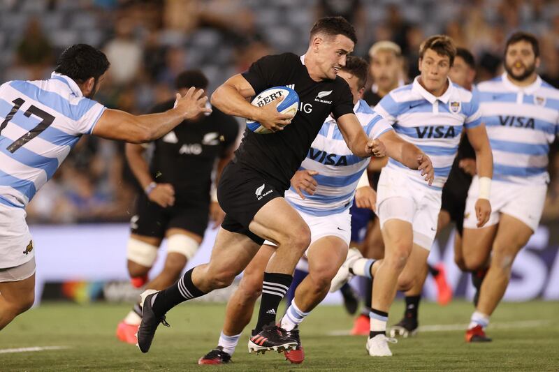 Will Jordan breaks through to score a try for New Zealand in their 38-0 trouncing of Argentine in the Tri-Nations at McDonald Jones Stadium in Newcastle, Australia, on Saturday, November 28. Getty