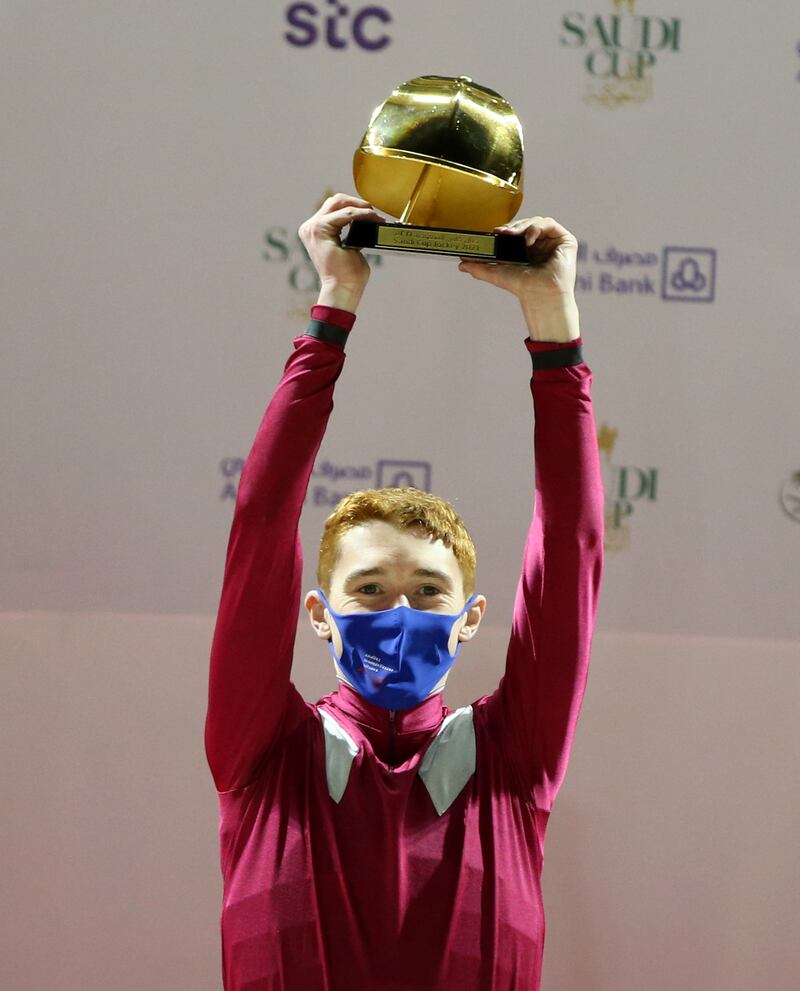 Jockey David Egan celebrates after winning the Saudi Cup riding Mishriff. Reuters