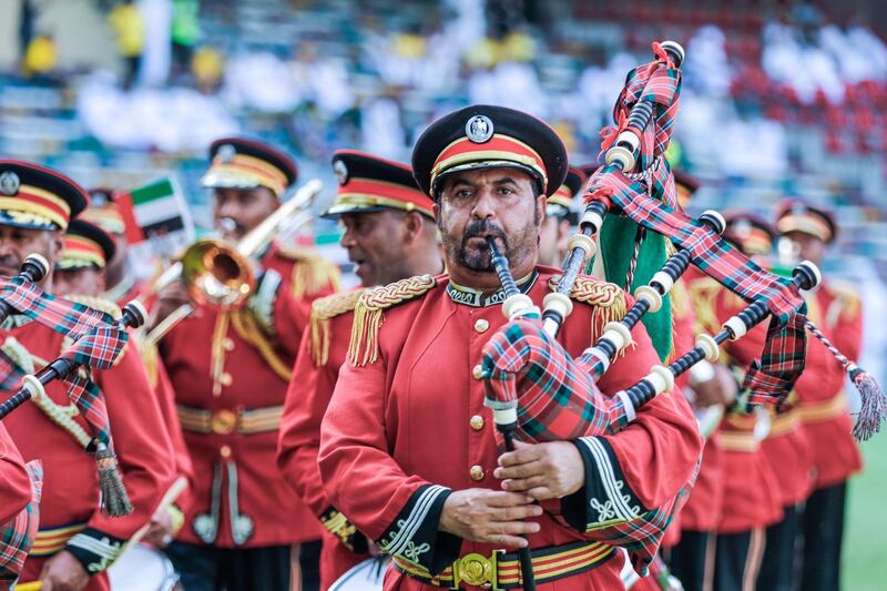 Abu Dhabi, UAE.  May 3, 2018.   President's Cup Final, Al Ain FC VS. Al Wasl.  The UAE band parades around the stadium before the match.
Victor Besa / The National
Sports
Reporter: John McAuley