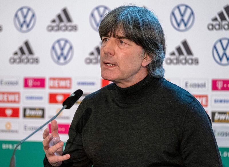 This handout photo released and taken by the DFB (Deutscher Fussball-Bund) on March 11, 2021, shows Germany's national football team head coach Joachim Loew addressing a press conference in Frankfurt am Main, Germany.  Germany's World Cup-winning head coach Joachim Loew will step down after the European championships in July 2021, the German Federation had announced on March 9, 2021. - RESTRICTED TO EDITORIAL USE - MANDATORY CREDIT "AFP PHOTO /DFB/Thomas BOECKER " - NO MARKETING - NO ADVERTISING CAMPAIGNS - DISTRIBUTED AS A SERVICE TO CLIENTS
 / AFP / DFB (German Football Federation) / RESTRICTED TO EDITORIAL USE - MANDATORY CREDIT "AFP PHOTO /DFB/Thomas BOECKER " - NO MARKETING - NO ADVERTISING CAMPAIGNS - DISTRIBUTED AS A SERVICE TO CLIENTS
