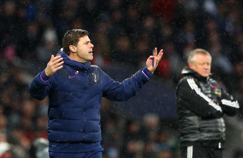LONDON, ENGLAND - NOVEMBER 09: Mauricio Pochettino, Manager of Tottenham Hotspur reacts during the Premier League match between Tottenham Hotspur and Sheffield United at Tottenham Hotspur Stadium on November 09, 2019 in London, United Kingdom. (Photo by Matthew Lewis/Getty Images)