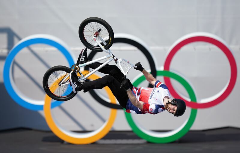 Charlotte Worthington of Great Britain on her way to winning gold in the women's BMX freestyle.