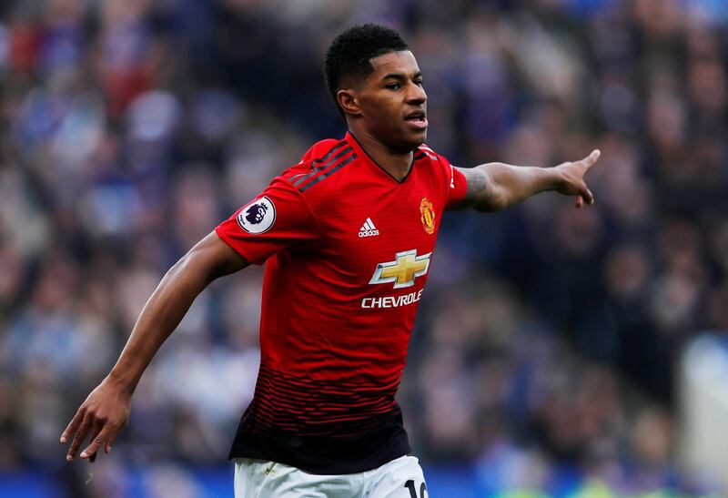 Soccer Football - Premier League - Leicester City v Manchester United - King Power Stadium, Leicester, Britain - February 3, 2019   Manchester United's Marcus Rashford celebrates scoring their first goal    REUTERS/Eddie Keogh    EDITORIAL USE ONLY. No use with unauthorized audio, video, data, fixture lists, club/league logos or "live" services. Online in-match use limited to 75 images, no video emulation. No use in betting, games or single club/league/player publications.  Please contact your account representative for further details.
