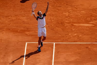 epa07513591 Daniil Medvedev of Russia celebrates winning against reacts Stefanos Tsitsipas of Greece during their third round match at the Monte-Carlo Rolex Masters tournament in Roquebrune Cap Martin, France, 18 April 2018.  EPA/SEBASTIEN NOGIER