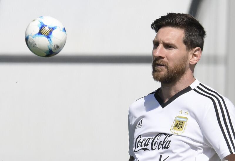 Argentina's Lionel Messi eyes a small ball during a training session at the team's base camp in Bronnitsy, on June 25. Juan Mabromata / AFP