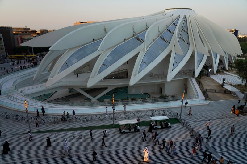 The stunning UAE pavilion, inspired by a falcon in flight, viewed at sunset at Expo 2020 Dubai. AP Photo